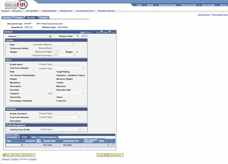 Template Definition Page - Structure Tab - Section Roles Region - Section Tab